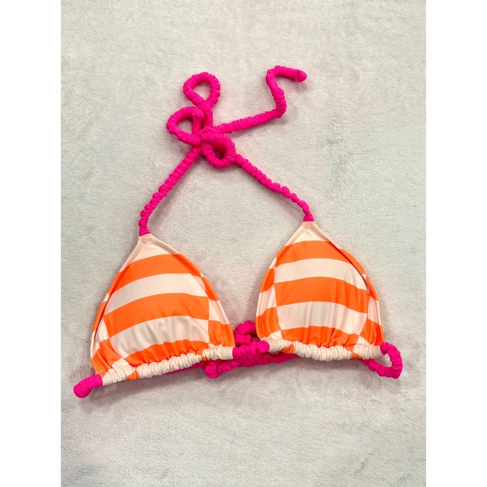 Aerie Real Good Triangle Bikini Top Orange White Striped Pink Scrunchie Straps M